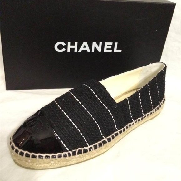 CHANEL 15S 2015 Classic Tweed Patent Cap Toe CC Logo Espadrilles Flats Shoes